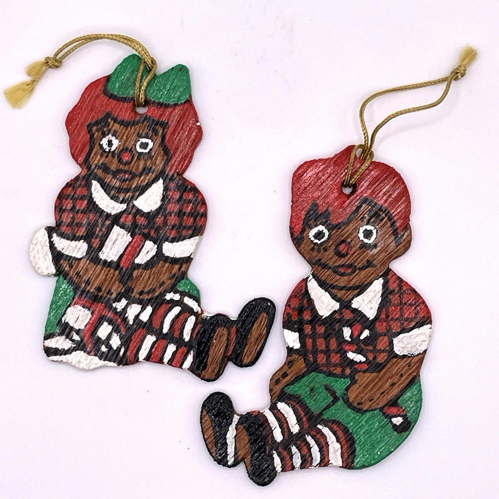 Vintage Raggedy Ann & Andy Wood Christmas Ornaments Hand Painted Flat Set of 2